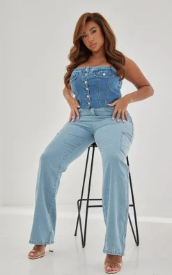 Plus Mid Blue Wash Corset Button Up Crop Top
