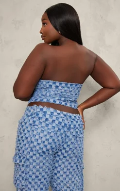 Plus Mid Blue Wash Fray Detail Checkered Denim Bandeau Top