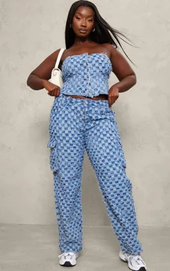 Plus Mid Blue Wash Fray Detail Checkered Denim Bandeau Top