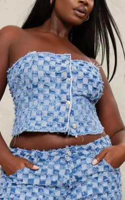 Plus Mid Blue Wash Fray Detail Checkered Denim Bandeau Top