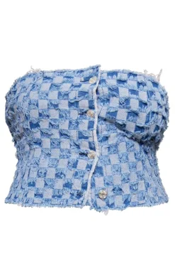 Plus Mid Blue Wash Fray Detail Checkered Denim Bandeau Top