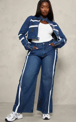 Plus Mid Blue Wash Graphic Detail Panelled Wide Leg Jeans