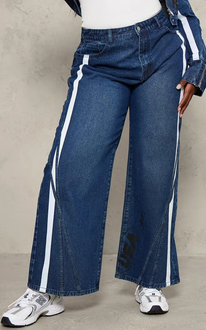 Plus Mid Blue Wash Graphic Detail Panelled Wide Leg Jeans