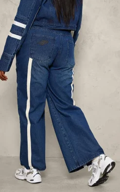 Plus Mid Blue Wash Graphic Detail Panelled Wide Leg Jeans