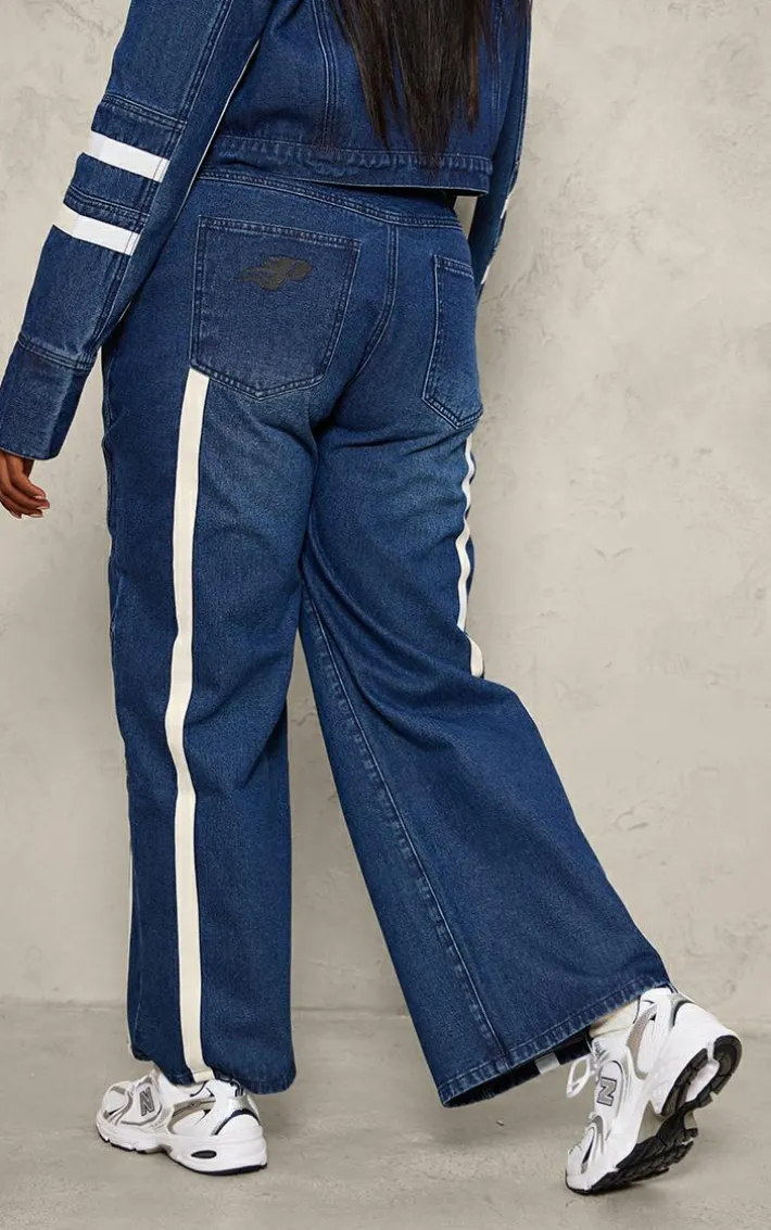 Plus Mid Blue Wash Graphic Detail Panelled Wide Leg Jeans