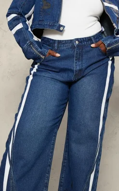 Plus Mid Blue Wash Graphic Detail Panelled Wide Leg Jeans