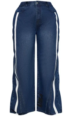 Plus Mid Blue Wash Graphic Detail Panelled Wide Leg Jeans