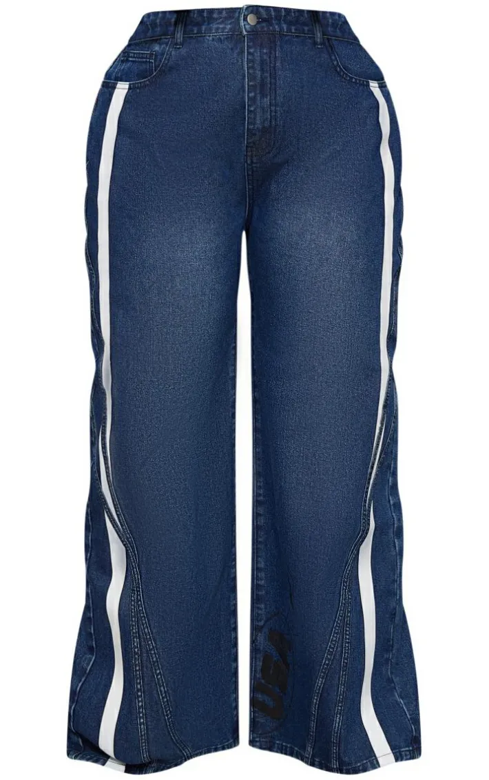 Plus Mid Blue Wash Graphic Detail Panelled Wide Leg Jeans