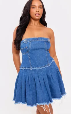 Plus Mid Blue Wash Raw Edge Pleated Bandeau Denim Mini Dress