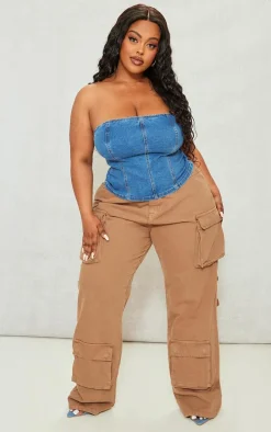 Plus Mid Blue Wash Seam Detail Stretch Denim Corset