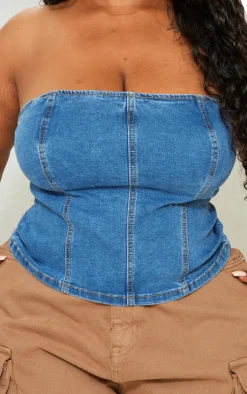 Plus Mid Blue Wash Seam Detail Stretch Denim Corset