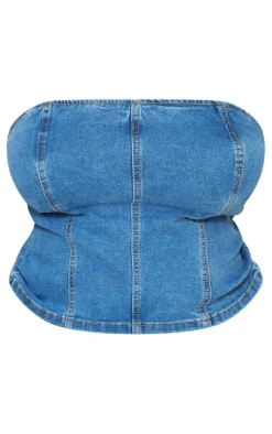 Plus Mid Blue Wash Seam Detail Stretch Denim Corset