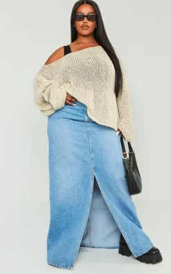 Plus Mid Blue Wash Split Front Denim Maxi Skirt