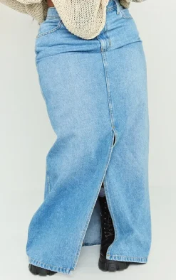 Plus Mid Blue Wash Split Front Denim Maxi Skirt
