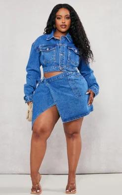 Plus Mid Blue Wash Wrap Denim Mini Skirt