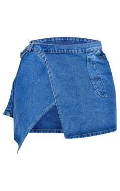 Plus Mid Blue Wash Wrap Denim Mini Skirt