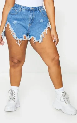 Plus Mid Wash Extreme Thigh Rip Denim Short