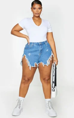 Plus Mid Wash Extreme Thigh Rip Denim Short