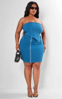 Plus Midnight Blue Asymmetric Seam Detail Zip Up Corset Bodycon Dress