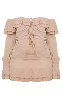 Plus Mocha Bardot Ruffle Detail Shift Dress