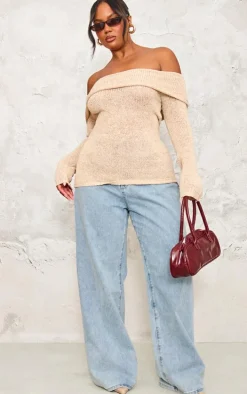 Plus Mocha Bobble Knit Bardot Top