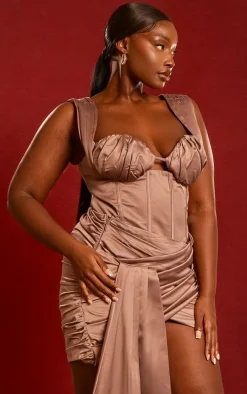 Plus Mocha Constructed Satin Ruched Bust Corset