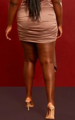 Plus Mocha Constructed Satin Ruched Drape Bodycon Skirt