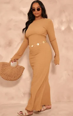 Plus Mocha Crinkle Textured Lettuce Hem Long Sleeve Maxi Dress