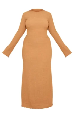 Plus Mocha Crinkle Textured Lettuce Hem Long Sleeve Maxi Dress