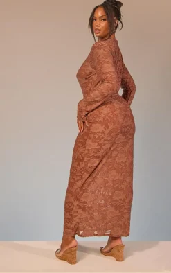 Plus Mocha Floral Sheer Burnout Long Sleeve Maxi Dress