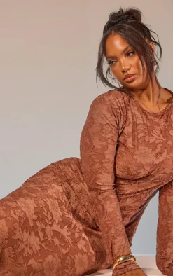 Plus Mocha Floral Sheer Burnout Long Sleeve Maxi Dress