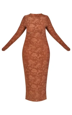 Plus Mocha Floral Sheer Burnout Long Sleeve Maxi Dress