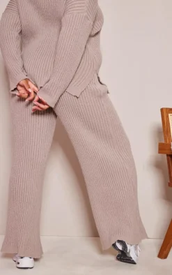 Plus Mocha Ribbed Wide Leg Knitted Pants