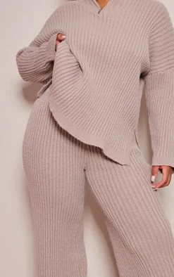 Plus Mocha Ribbed Wide Leg Knitted Pants