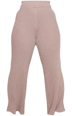 Plus Mocha Ribbed Wide Leg Knitted Pants