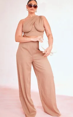 Plus Mocha Ruched Bum Wide Leg Pants