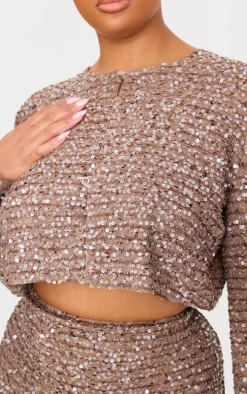 Plus Mocha Sequin Long Sleeve Button Up Crop Top