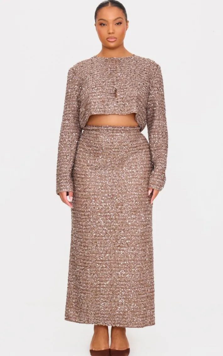 Plus Mocha Sequin Maxi Skirt