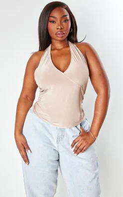 Plus Mocha Slinky Halterneck Ruched Side Long Top
