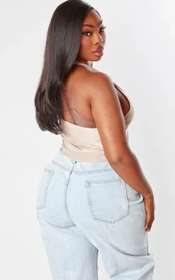 Plus Mocha Slinky Halterneck Ruched Side Long Top