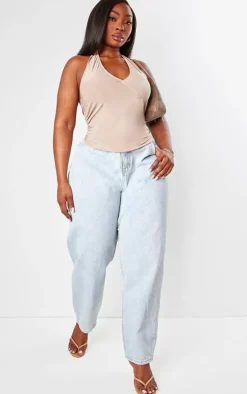 Plus Mocha Slinky Halterneck Ruched Side Long Top