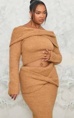 Plus Mocha Soft Bobble Knit Bardot Foldover Top