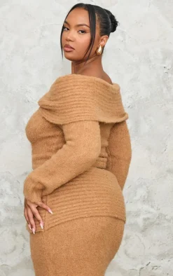 Plus Mocha Soft Bobble Knit Bardot Foldover Top