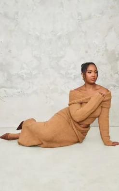 Plus Mocha Soft Bobble Knit Bardot Foldover Top