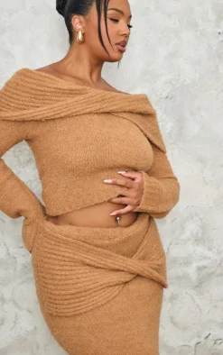 Plus Mocha Soft Bobble Knit Bardot Foldover Top