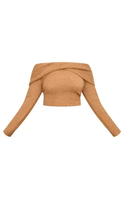 Plus Mocha Soft Bobble Knit Bardot Foldover Top