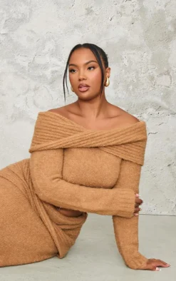 Plus Mocha Soft Bobble Knit Foldover Maxi Skirt