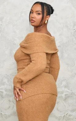 Plus Mocha Soft Bobble Knit Foldover Maxi Skirt