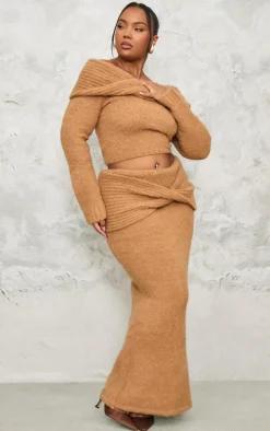 Plus Mocha Soft Bobble Knit Foldover Maxi Skirt