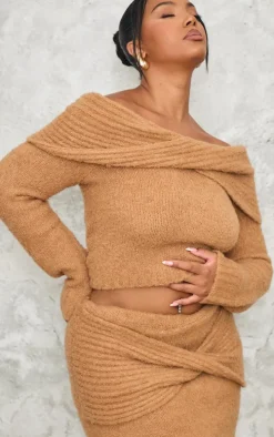 Plus Mocha Soft Bobble Knit Foldover Maxi Skirt